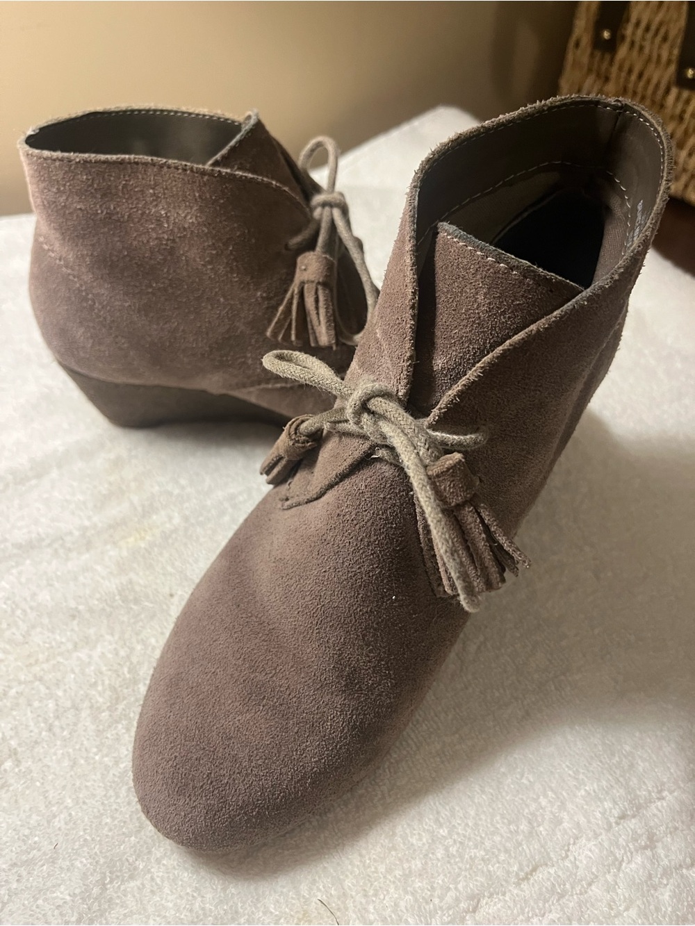 Women’s Taupe Suede Ankle Booties with Tassel Laces